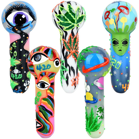 6CT Bundle - 420 Painted Glow In The Dark Glass Hand Pipe - 5