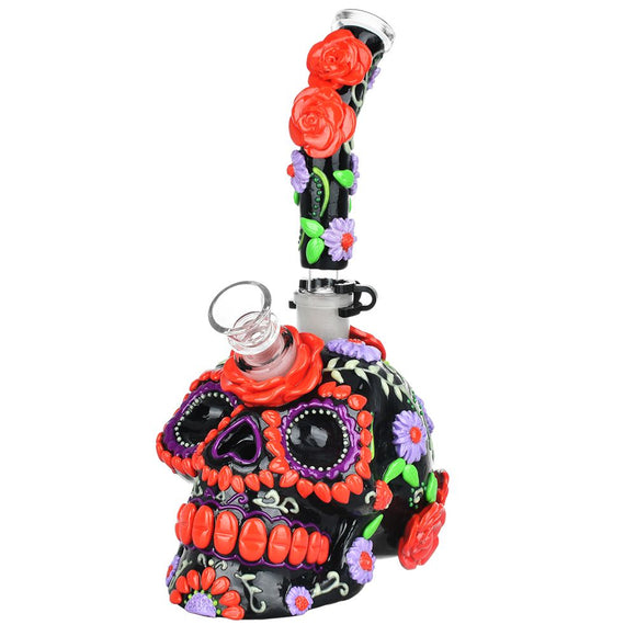 Heavy Flowered Sugar Skull Glass Water Pipe - 10